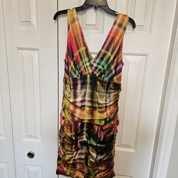 Designer Rickie Freeman Teri Jon silk rainbow rushed fitted dress size 12 - Picture 1 of 11